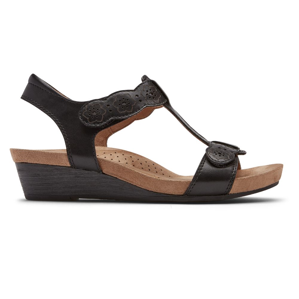 Rockport Women's Cobb Hill Hollywood T-Strap Wedges Sandals - Black - USA (3802ZEKQM)